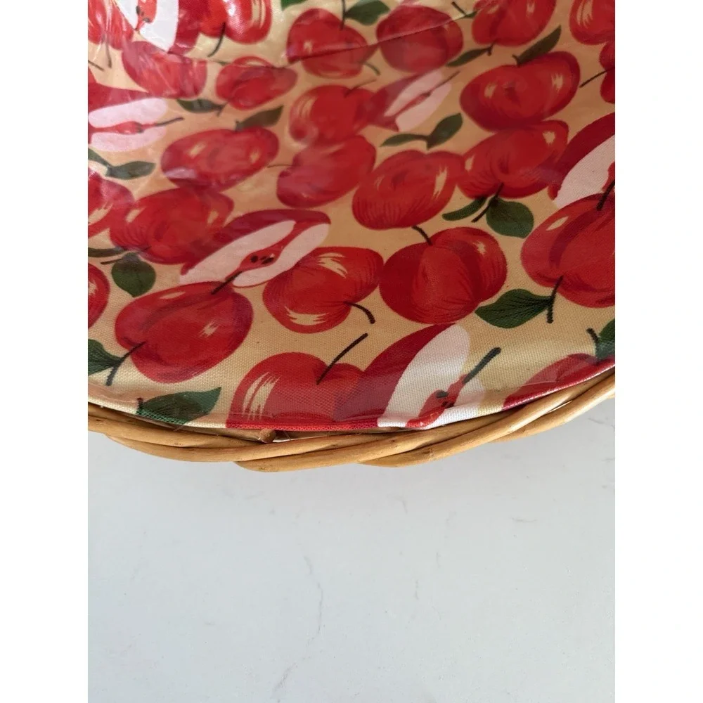 Vintage Woven Cane Oval Basket Apple Vinyl Liner Faux Leather Handles 90's EUC